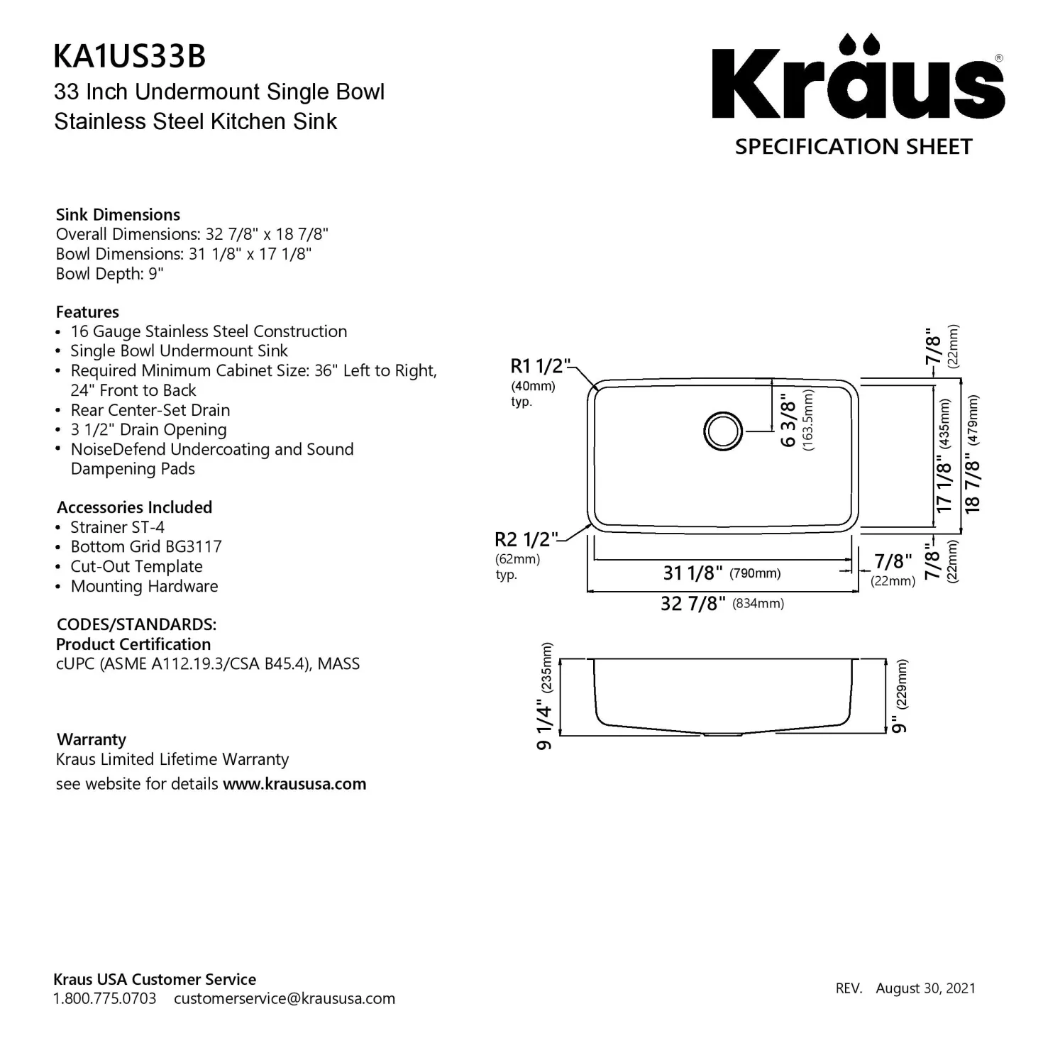 KRAUS Dex 33" Undermount 16 Gauge Stainless Steel Kitchen Sink