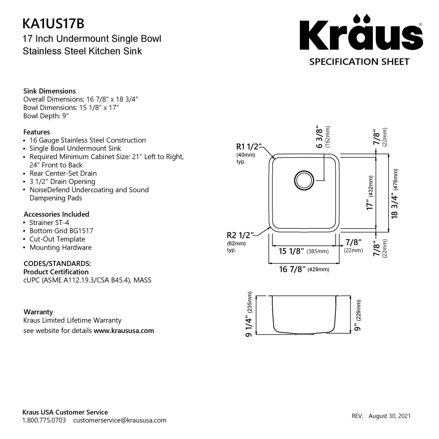 KRAUS Dex 17" Undermount 16 Gauge Stainless Steel Kitchen Sink