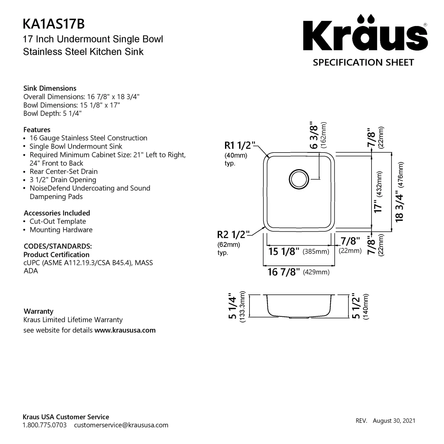 KRAUS Dex 17" Undermount 16 Gauge Stainless Steel ADA Kitchen Sink