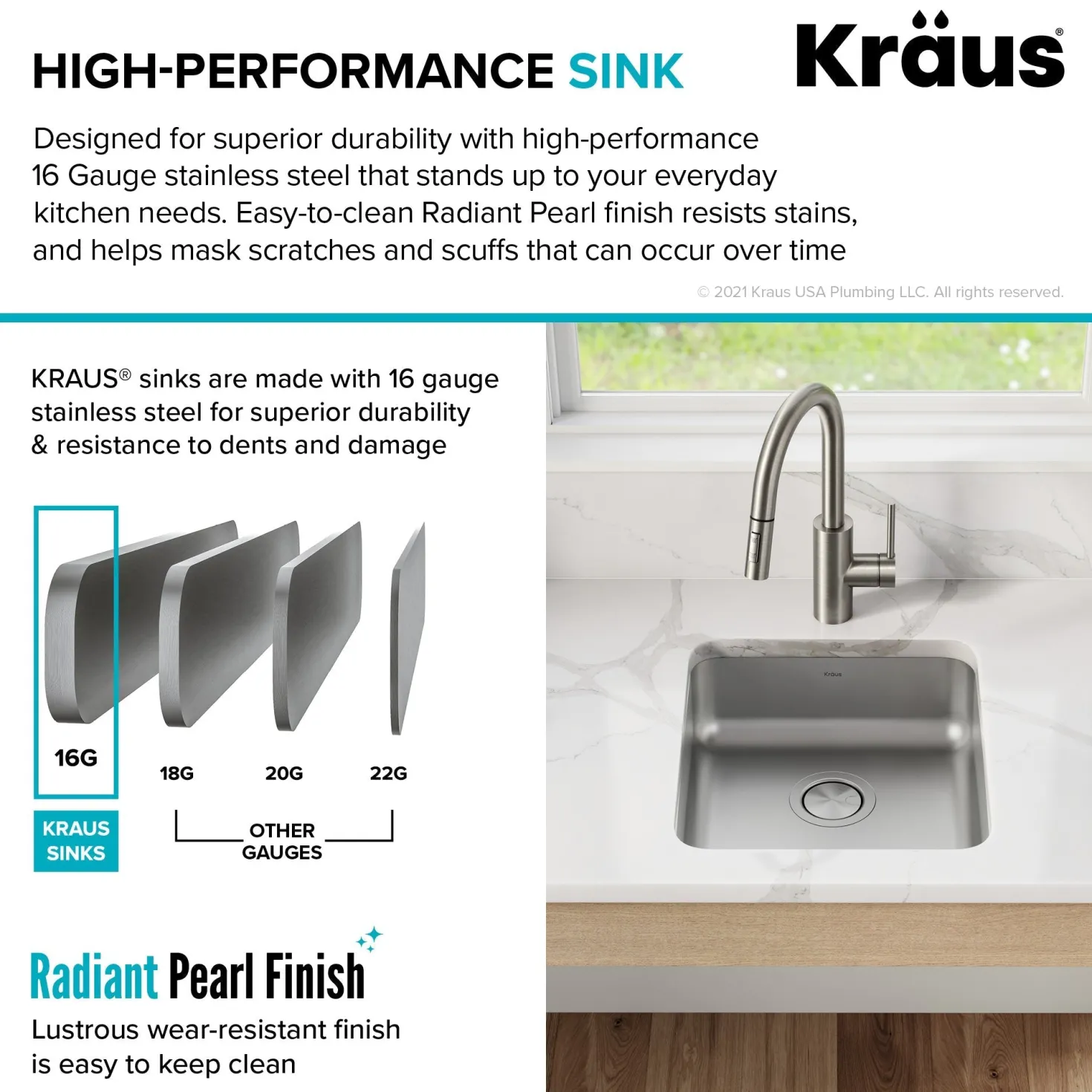 KRAUS Dex 17" Undermount 16 Gauge Stainless Steel ADA Kitchen Sink