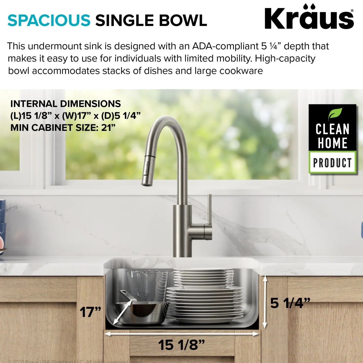 KRAUS Dex 17" Undermount 16 Gauge Stainless Steel ADA Kitchen Sink