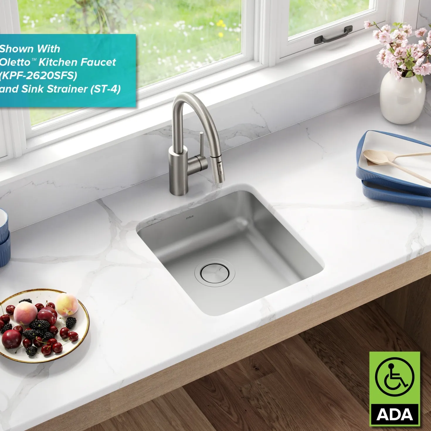 KRAUS Dex 17" Undermount 16 Gauge Stainless Steel ADA Kitchen Sink