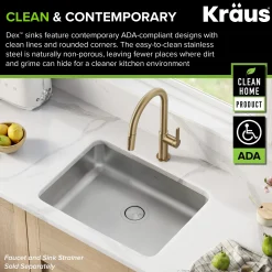 KRAUS Dex 25" Undermount 16 Gauge Stainless Steel ADA Kitchen Sink