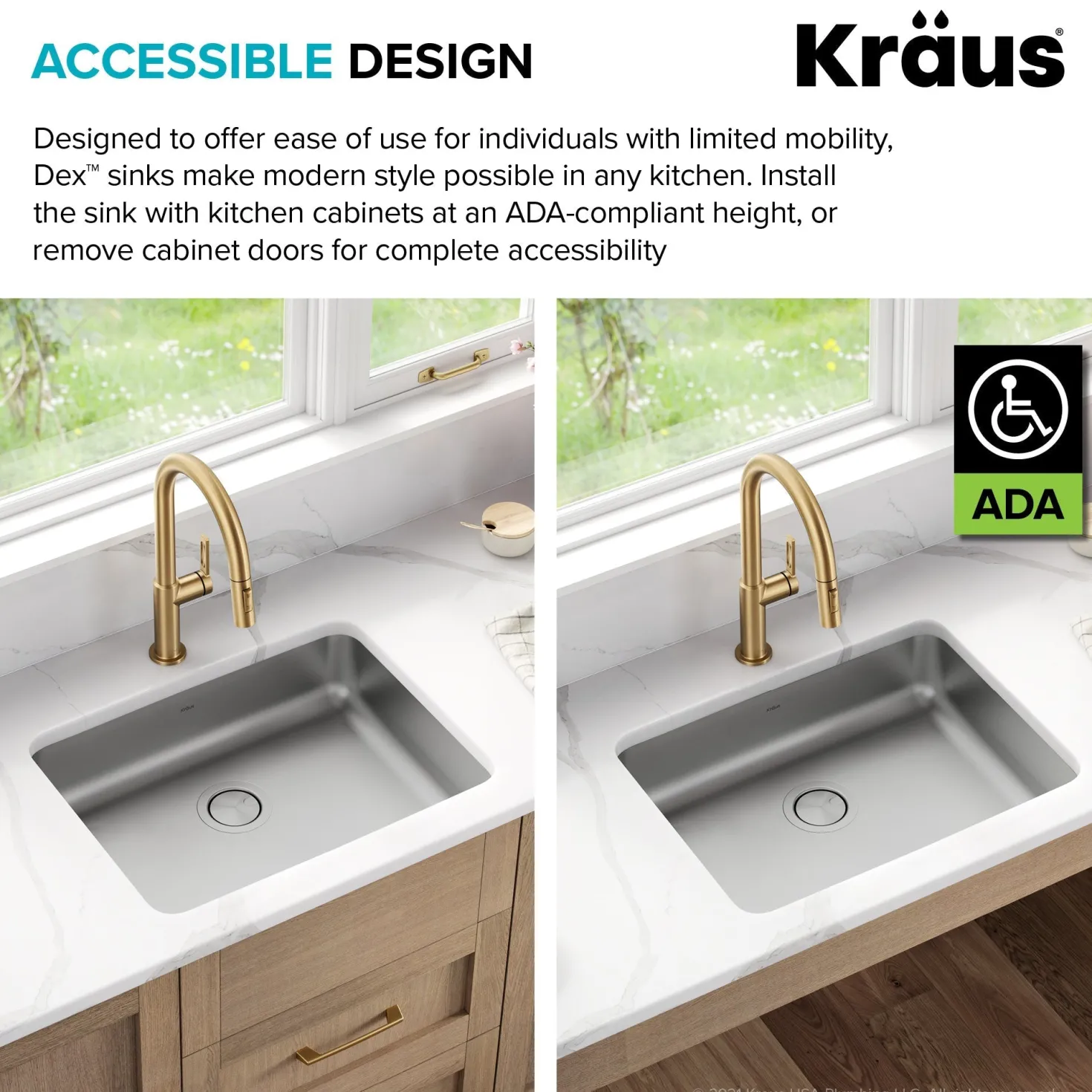 KRAUS Dex 25" Undermount 16 Gauge Stainless Steel ADA Kitchen Sink