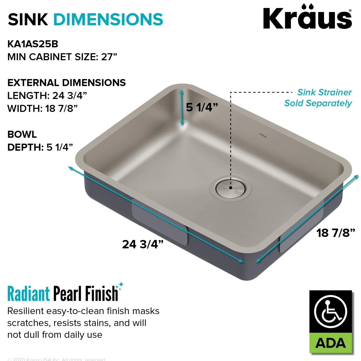 KRAUS Dex 25" Undermount 16 Gauge Stainless Steel ADA Kitchen Sink
