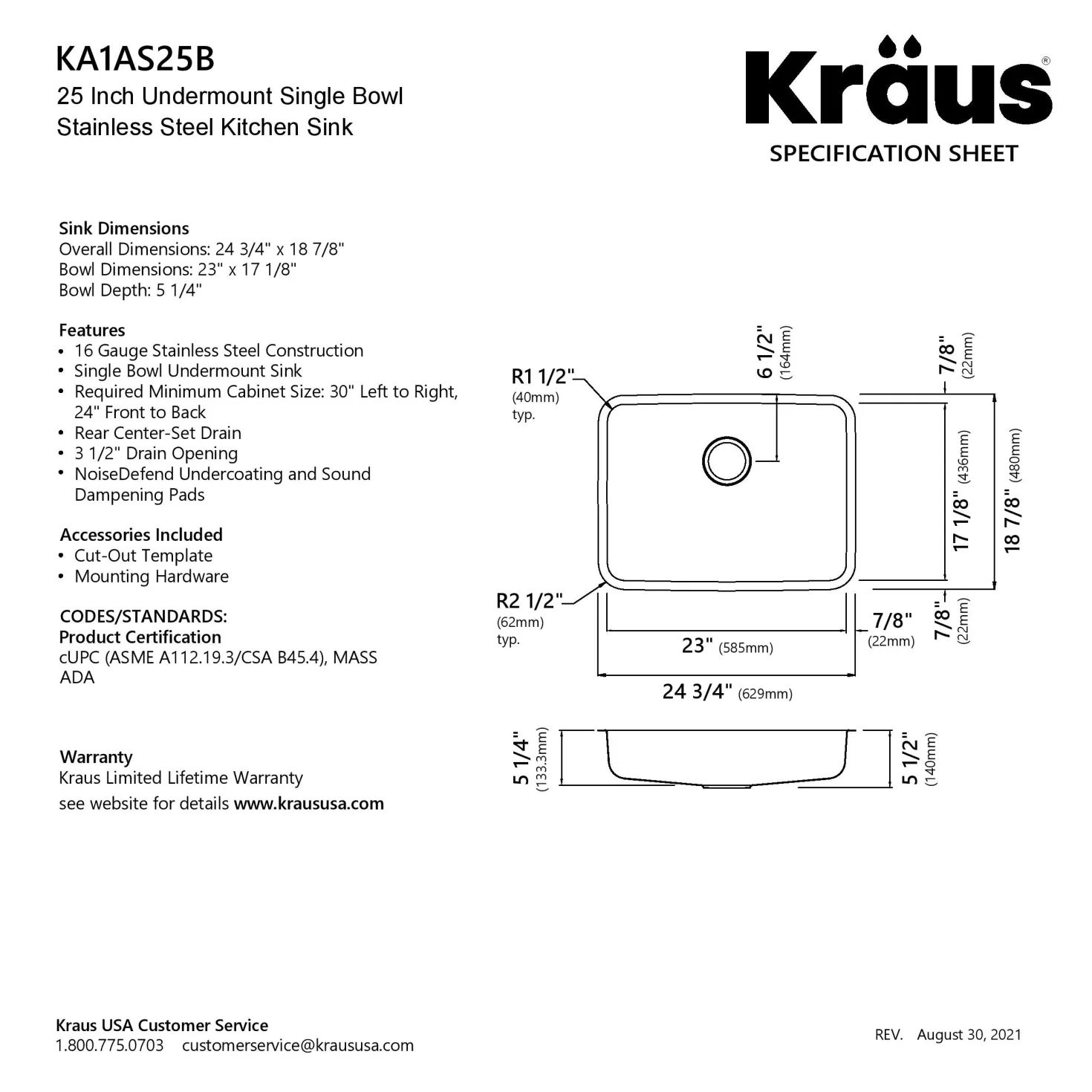 KRAUS Dex 25" Undermount 16 Gauge Stainless Steel ADA Kitchen Sink
