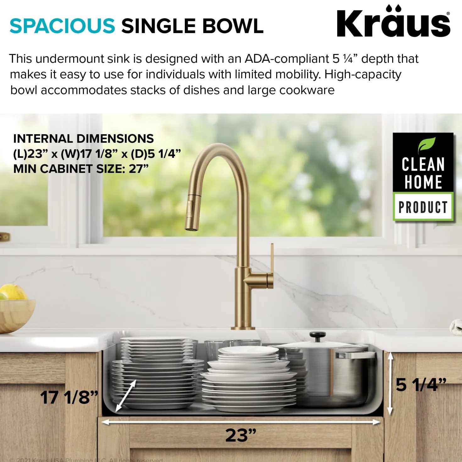 KRAUS Dex 25" Undermount 16 Gauge Stainless Steel ADA Kitchen Sink