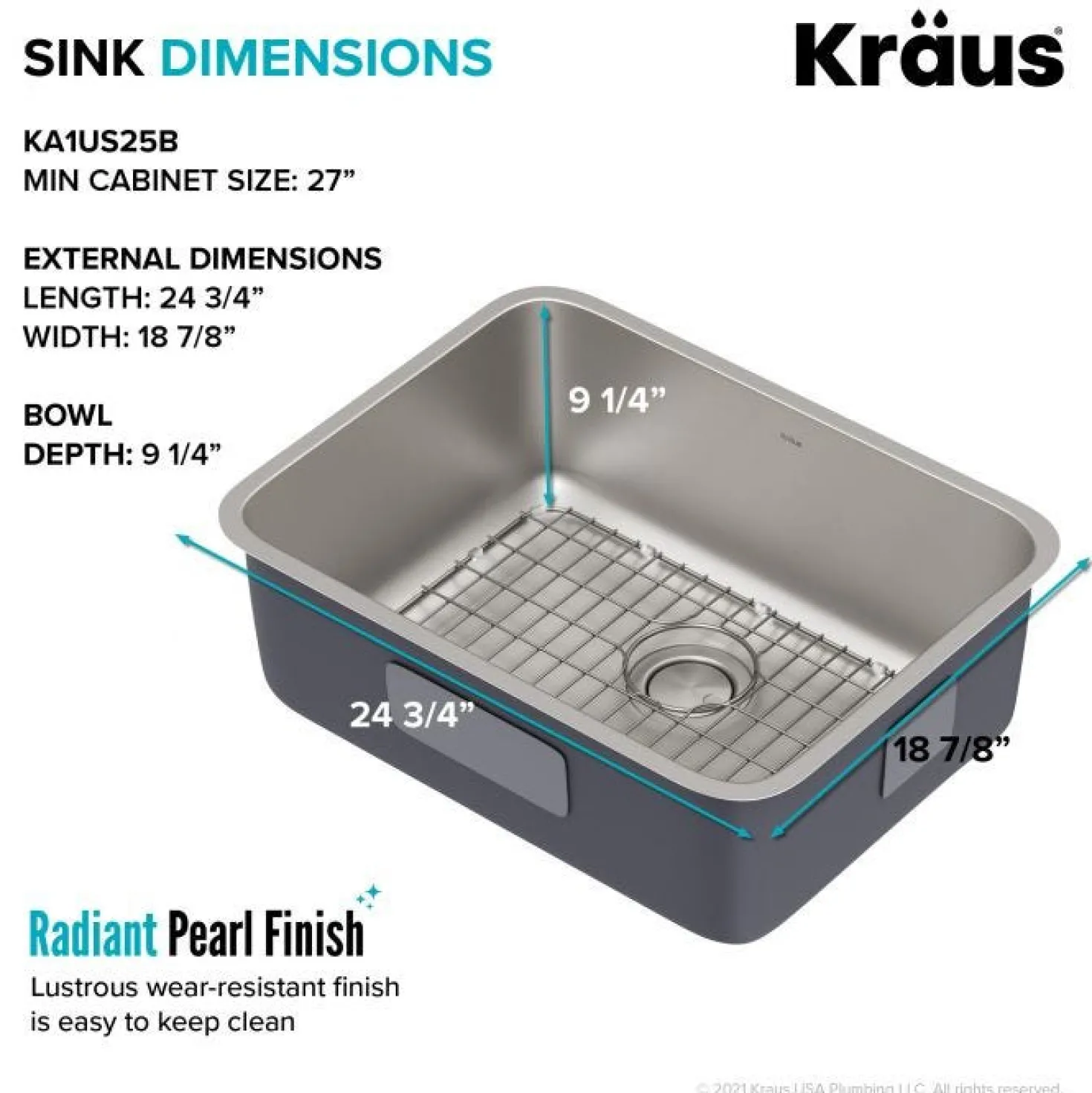 KRAUS Dex 25" Undermount 16 Gauge Stainless Steel Kitchen Sink