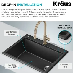 KRAUS 28” Drop-In Granite Composite Workstation Kitchen Sink in Metallic Black