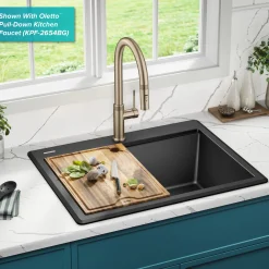 KRAUS 28” Drop-In Granite Composite Workstation Kitchen Sink in Metallic Black