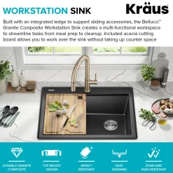 KRAUS 28” Drop-In Granite Composite Workstation Kitchen Sink in Metallic Black