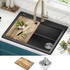 KRAUS 28” Drop-In Granite Composite Workstation Kitchen Sink in Metallic Black