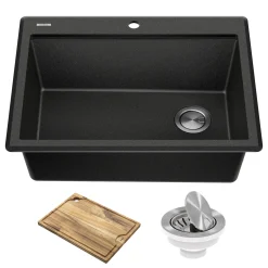 KRAUS 28” Drop-In Granite Composite Workstation Kitchen Sink in Metallic Black