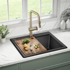 KRAUS 25” Drop-In Granite Composite Workstation Kitchen Sink in Metallic Black