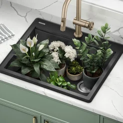 KRAUS 25” Drop-In Granite Composite Workstation Kitchen Sink in Metallic Black