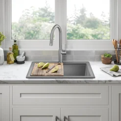 KRAUS 25” Drop-In Granite Composite Workstation Kitchen Sink in Metallic Grey