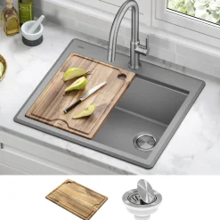 KRAUS 25” Drop-In Granite Composite Workstation Kitchen Sink in Metallic Grey