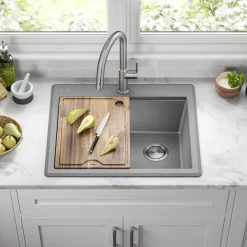 KRAUS 25” Drop-In Granite Composite Workstation Kitchen Sink in Metallic Grey