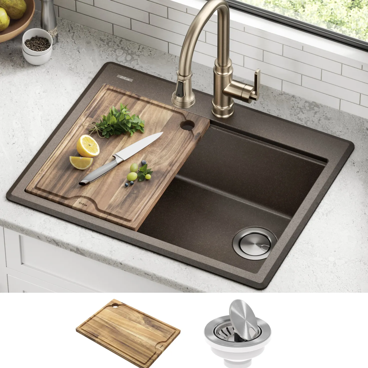 KRAUS 28” Drop-In Granite Composite Workstation Kitchen Sink in Metallic Brown