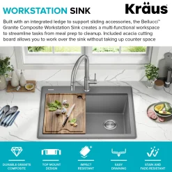 KRAUS 28” Drop-In Granite Composite Workstation Kitchen Sink in Metallic Grey