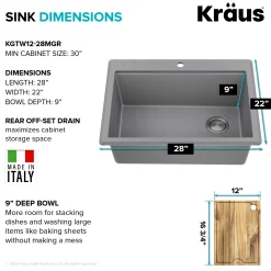 KRAUS 28” Drop-In Granite Composite Workstation Kitchen Sink in Metallic Grey
