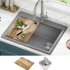 KRAUS 28” Drop-In Granite Composite Workstation Kitchen Sink in Metallic Grey