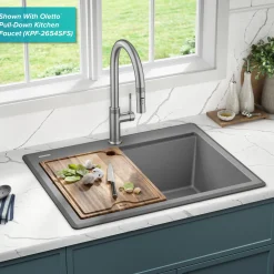 KRAUS 28” Drop-In Granite Composite Workstation Kitchen Sink in Metallic Grey