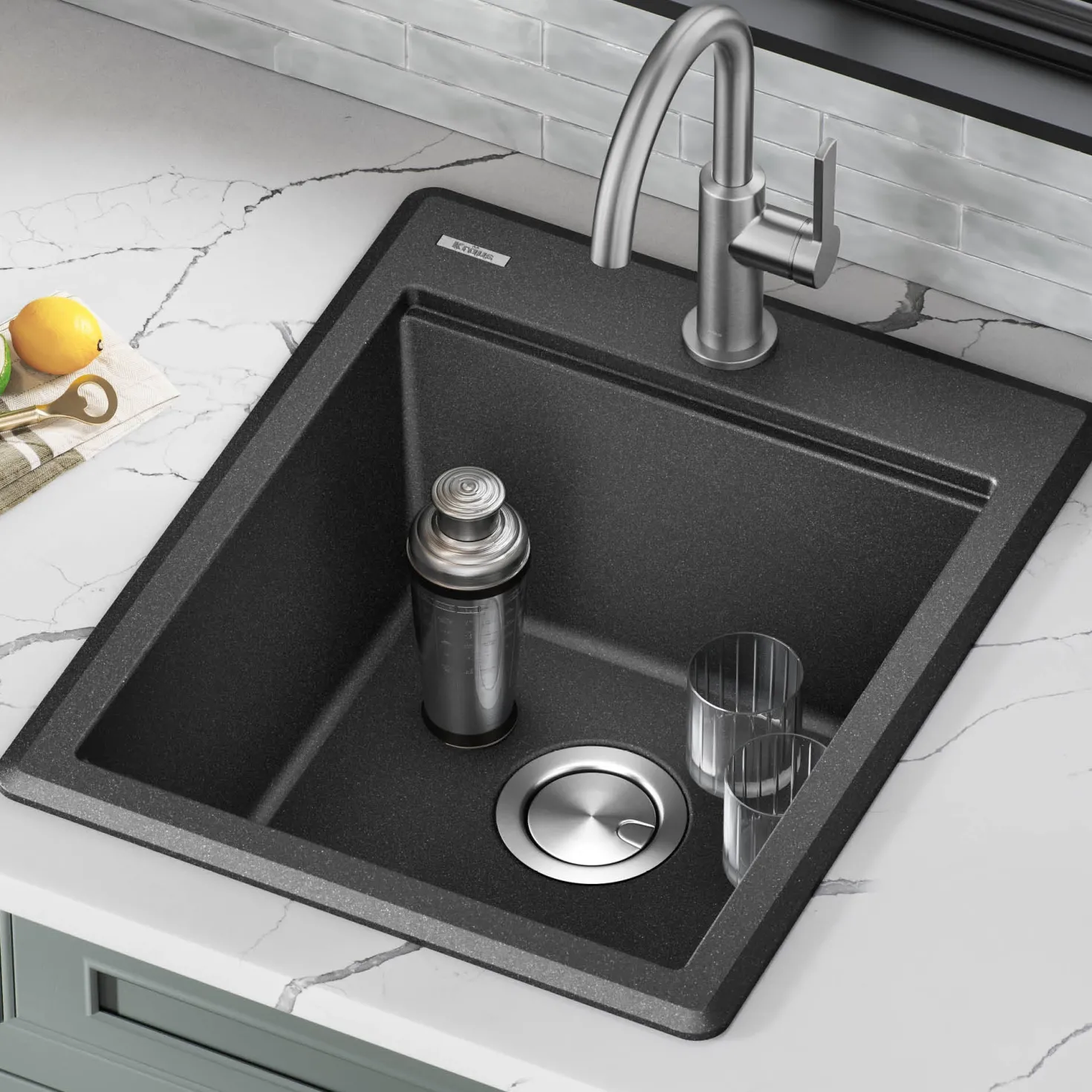 KRAUS 18” Drop-In Granite Composite Workstation Kitchen Bar Sink in Metallic Black