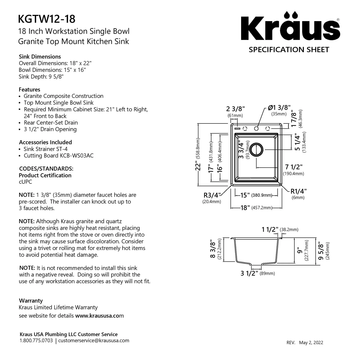 KRAUS 18” Drop-In Granite Composite Workstation Kitchen Bar Sink in Metallic Black