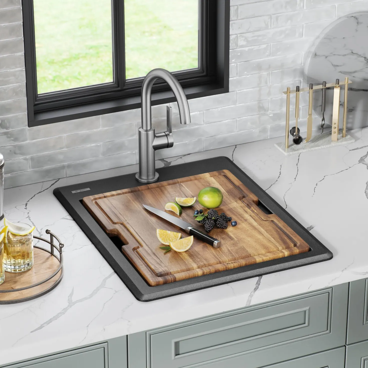 KRAUS 18” Drop-In Granite Composite Workstation Kitchen Bar Sink in Metallic Black