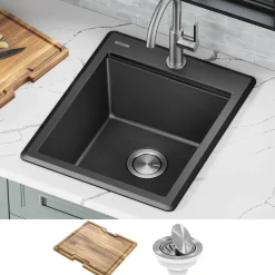 KRAUS 18” Drop-In Granite Composite Workstation Kitchen Bar Sink in Metallic Black