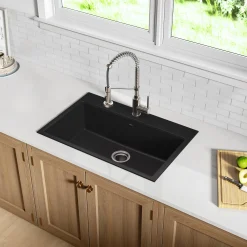 KRAUS 31" Dual Mount Single Bowl Granite Kitchen Sink with Topmount and Undermount Installation in Black Onyx