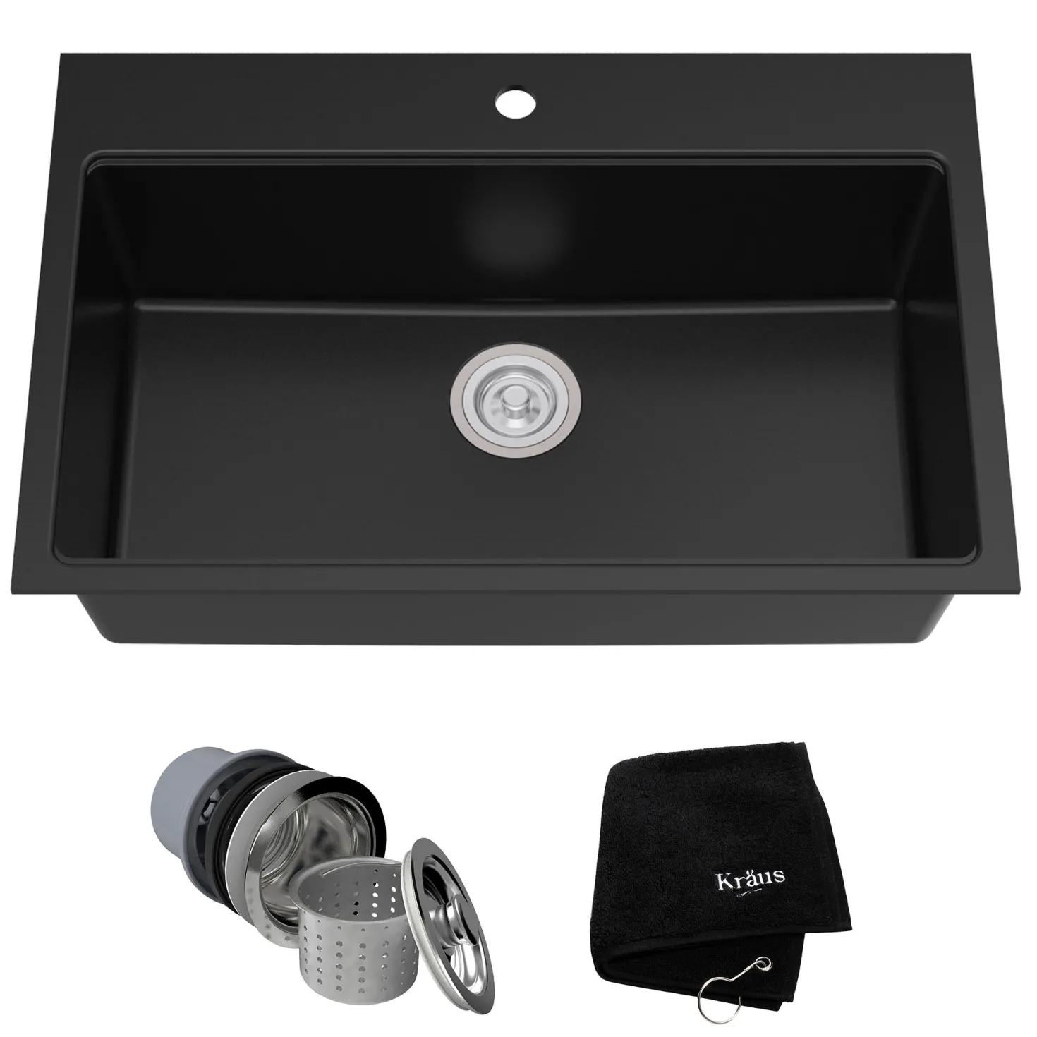 KRAUS 31" Dual Mount Single Bowl Granite Kitchen Sink with Topmount and Undermount Installation in Black Onyx