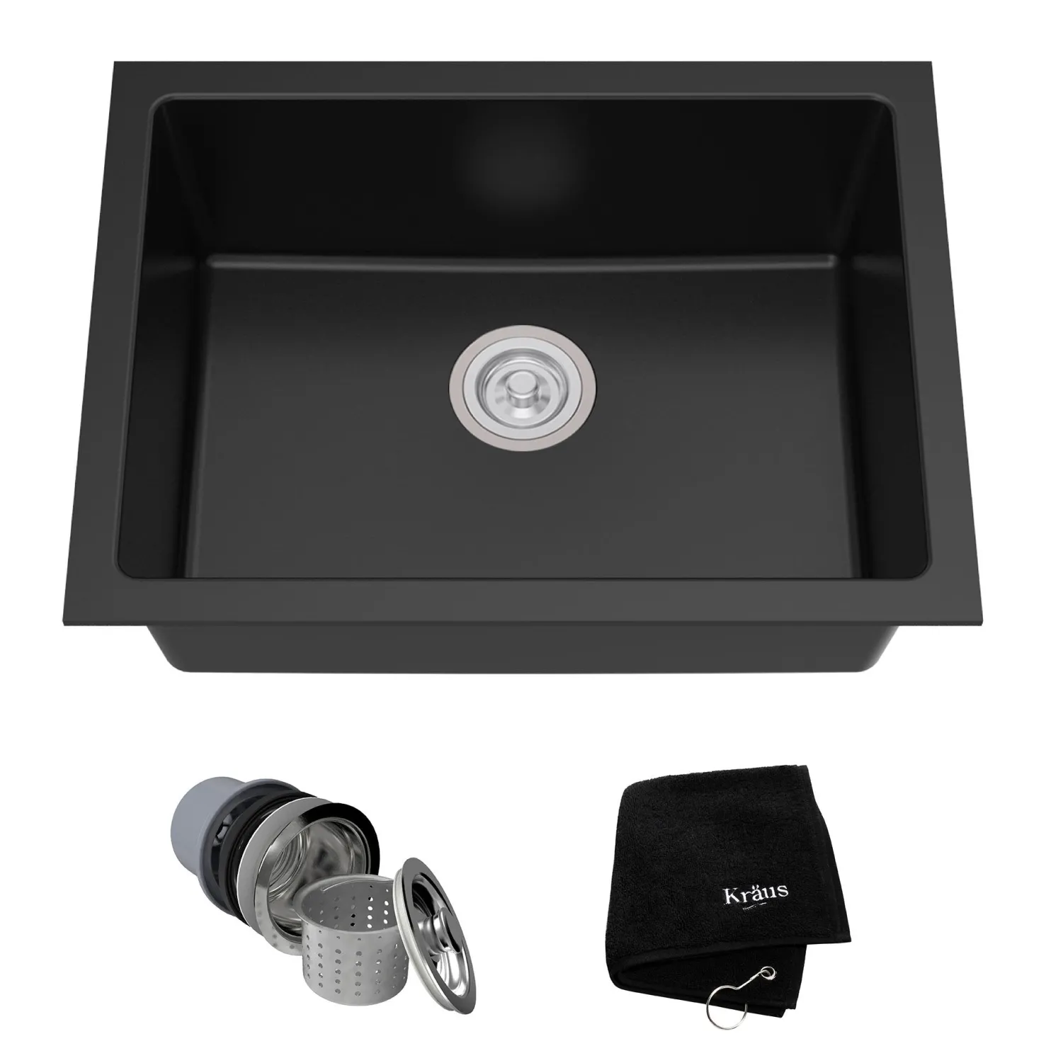 KRAUS 24" Dual Mount Single Bowl Granite Kitchen Sink with Topmount and Undermount Installation in Black Onyx
