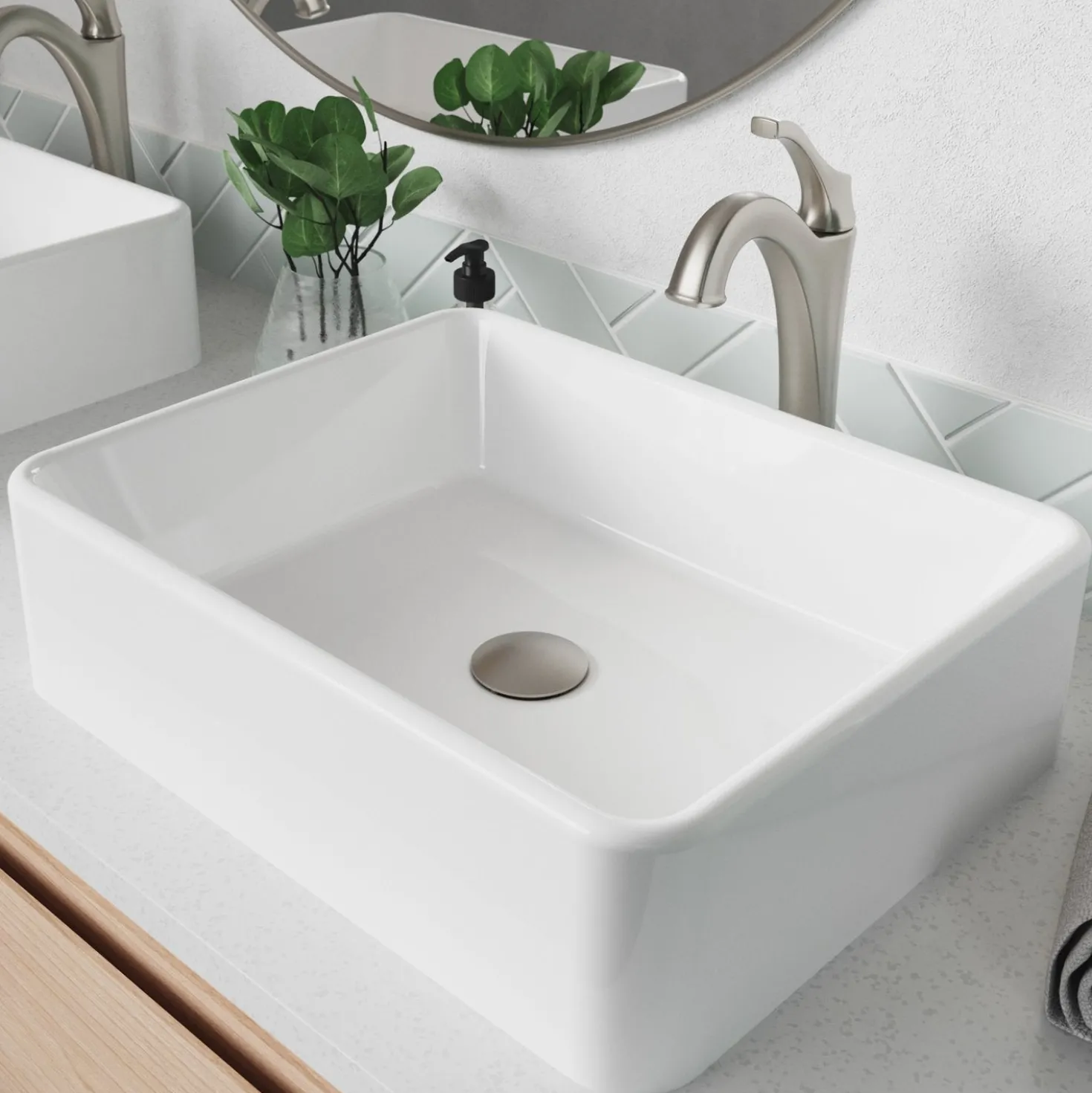 KRAUS Elavo 19-Inch Modern Rectangular White Porcelain Ceramic Bathroom Vessel Sink and Arlo Faucet Combo Set with Pop-Up Drain
