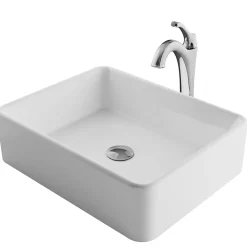 KRAUS Elavo 19-Inch Modern Rectangular White Porcelain Ceramic Bathroom Vessel Sink and Arlo Faucet Combo Set with Pop-Up Drain