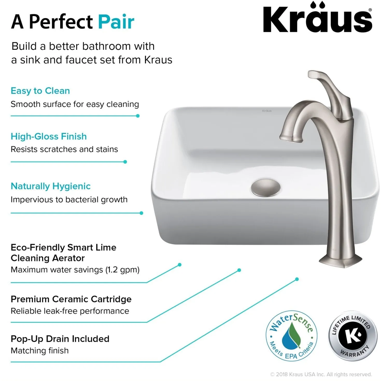 KRAUS Elavo 19-Inch Modern Rectangular White Porcelain Ceramic Bathroom Vessel Sink and Arlo Faucet Combo Set with Pop-Up Drain