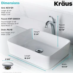KRAUS Elavo 19-Inch Modern Rectangular White Porcelain Ceramic Bathroom Vessel Sink and Arlo Faucet Combo Set with Pop-Up Drain