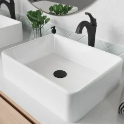 KRAUS Elavo 19-Inch Modern Rectangular White Porcelain Ceramic Bathroom Vessel Sink and Arlo Faucet Combo Set with Pop-Up Drain