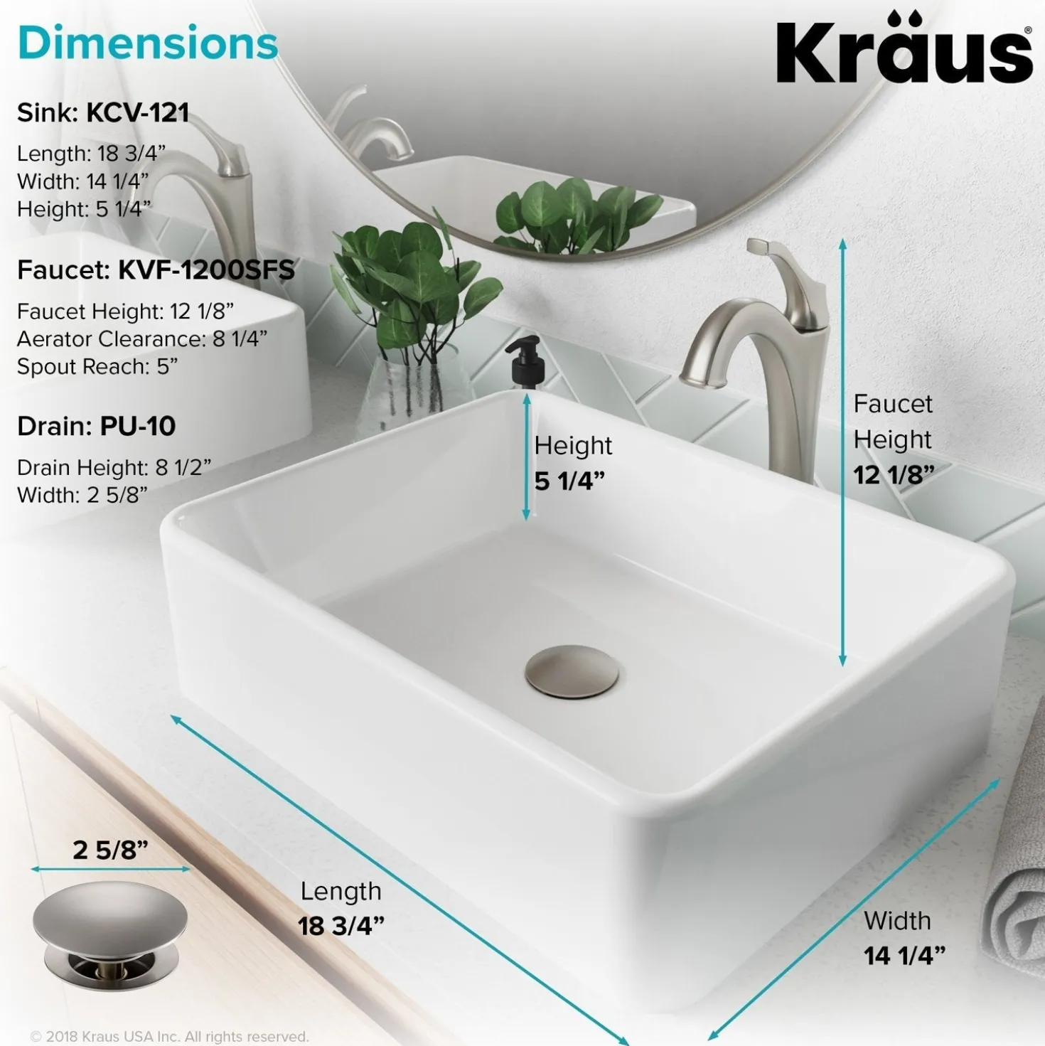 KRAUS Elavo 19-Inch Modern Rectangular White Porcelain Ceramic Bathroom Vessel Sink and Arlo Faucet Combo Set with Pop-Up Drain