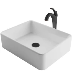 KRAUS Elavo 19-Inch Modern Rectangular White Porcelain Ceramic Bathroom Vessel Sink and Arlo Faucet Combo Set with Pop-Up Drain