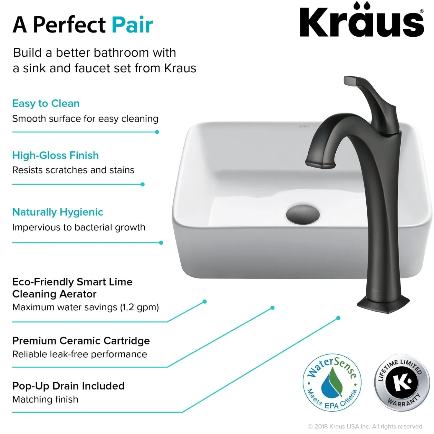 KRAUS Elavo 19-Inch Modern Rectangular White Porcelain Ceramic Bathroom Vessel Sink and Arlo Faucet Combo Set with Pop-Up Drain