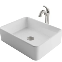 KRAUS Elavo 19-Inch Modern Rectangular White Porcelain Ceramic Bathroom Vessel Sink and Arlo Faucet Combo Set with Pop-Up Drain