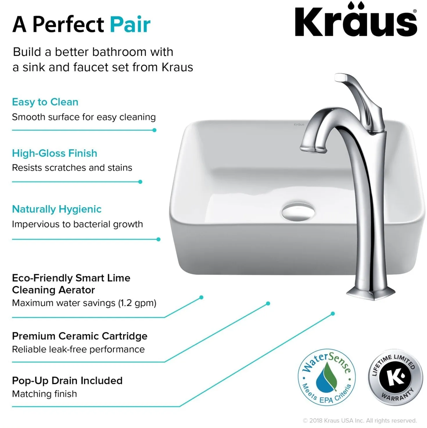 KRAUS Elavo 19-Inch Modern Rectangular White Porcelain Ceramic Bathroom Vessel Sink and Arlo Faucet Combo Set with Pop-Up Drain