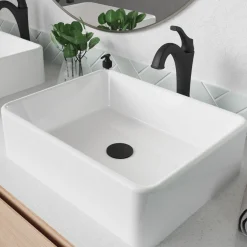 KRAUS Elavo 19-Inch Modern Rectangular White Porcelain Ceramic Bathroom Vessel Sink and Arlo Faucet Combo Set with Pop-Up Drain