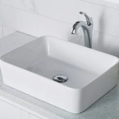 KRAUS Elavo 19-Inch Modern Rectangular White Porcelain Ceramic Bathroom Vessel Sink and Arlo Faucet Combo Set with Pop-Up Drain