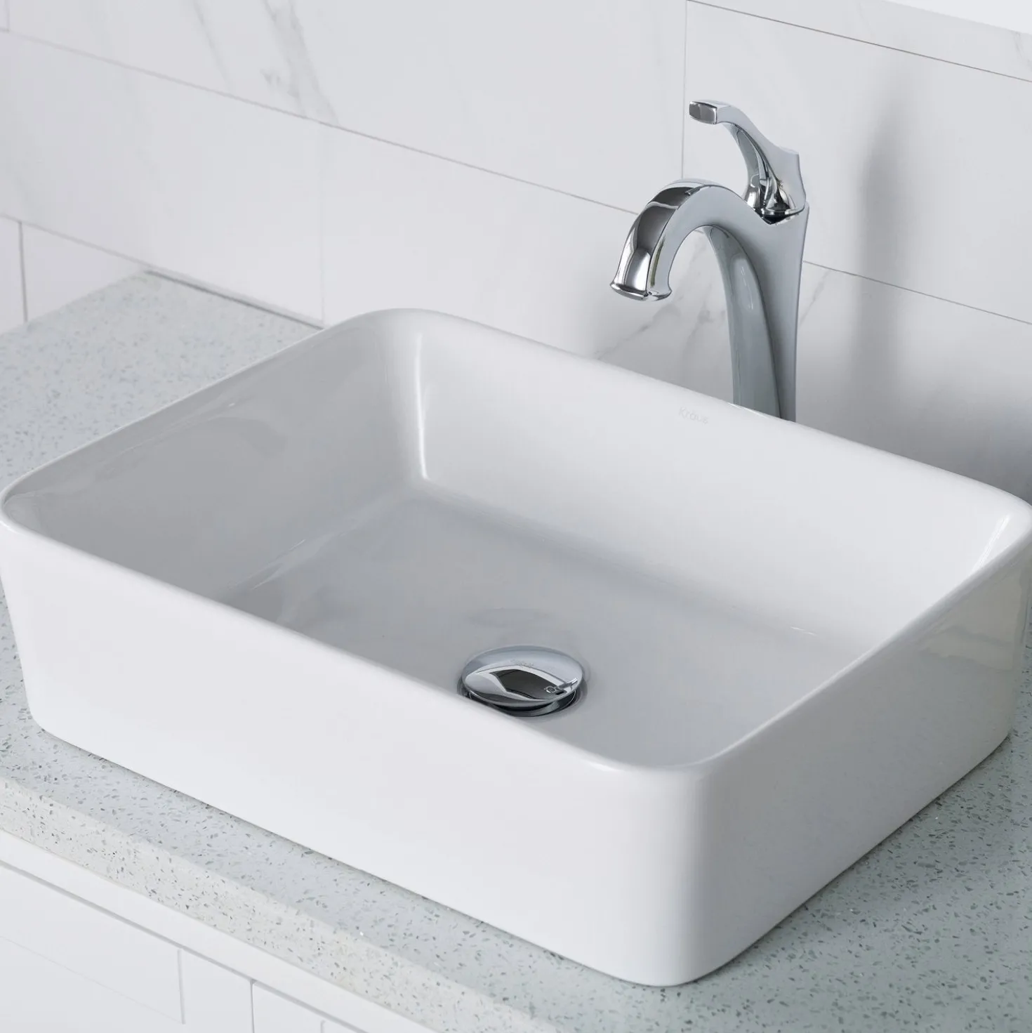 KRAUS Elavo 19-Inch Modern Rectangular White Porcelain Ceramic Bathroom Vessel Sink and Arlo Faucet Combo Set with Pop-Up Drain