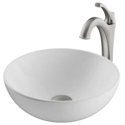 KRAUS Elavo 14-Inch Round White Porcelain Ceramic Bathroom Vessel Sink and Arlo Faucet Combo Set with Pop-Up Drain