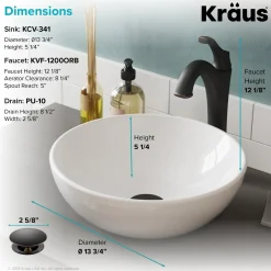 KRAUS Elavo 14-Inch Round White Porcelain Ceramic Bathroom Vessel Sink and Arlo Faucet Combo Set with Pop-Up Drain