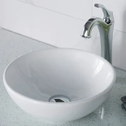 KRAUS Elavo 14-Inch Round White Porcelain Ceramic Bathroom Vessel Sink and Arlo Faucet Combo Set with Pop-Up Drain